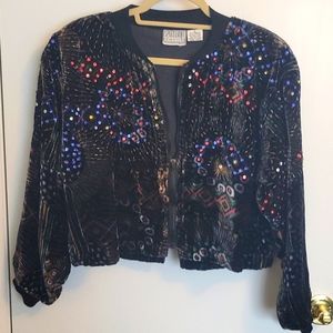 beaded velvet jacket 44" wide, 21" long, zipper fron